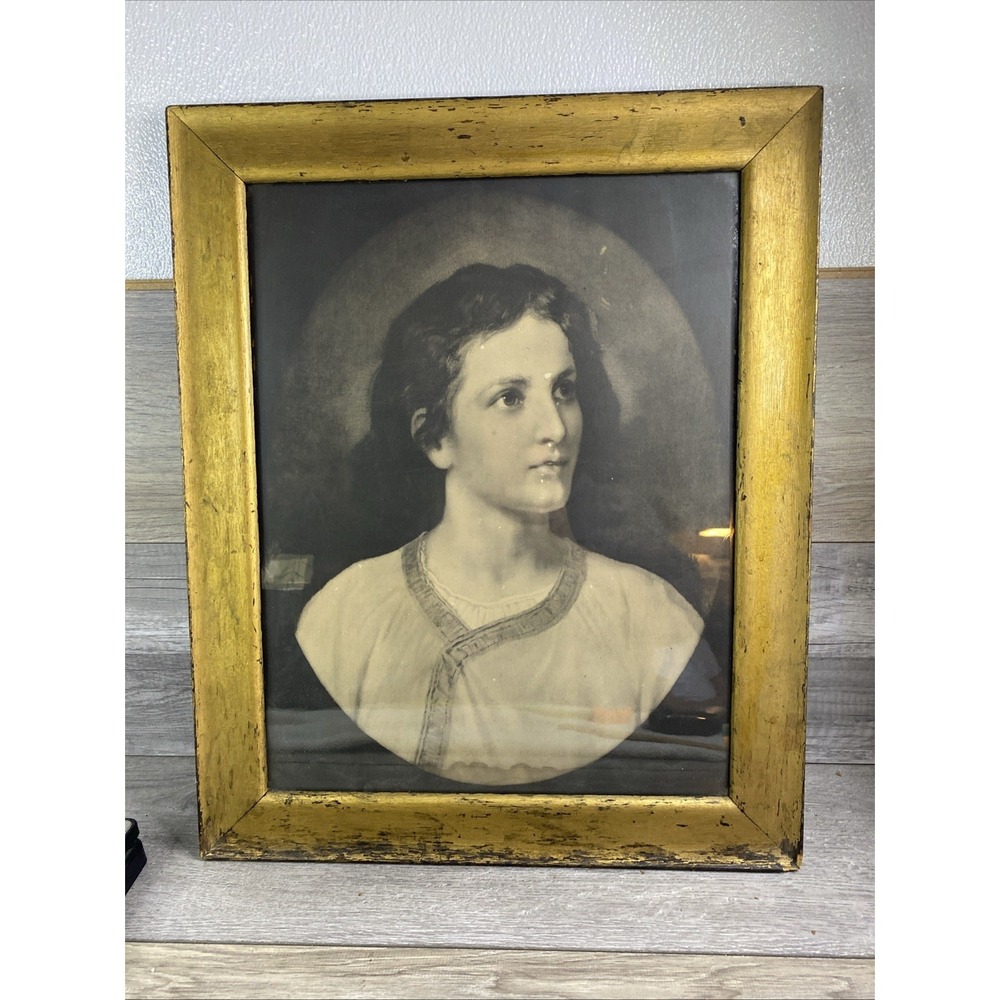 Antique Young Jesus Lithograph Print Oak Frame 18x22"